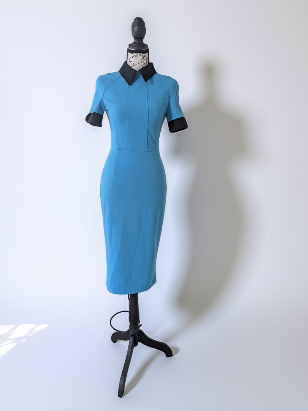 Fitted Teal Midi Dress with Black Collar and Cuffs